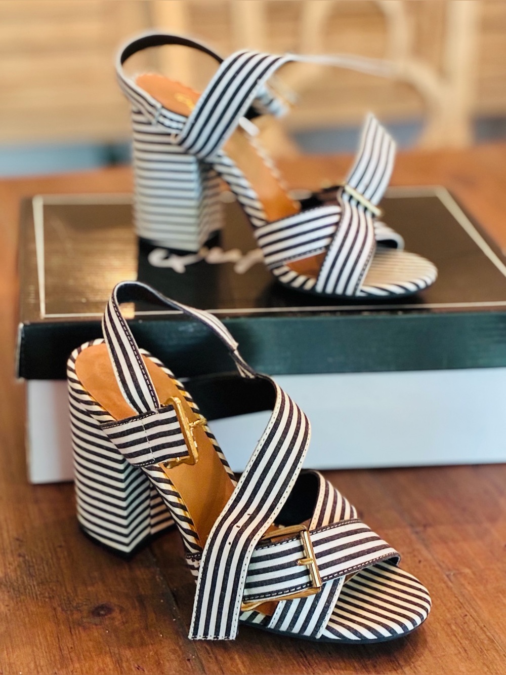 Black & white striped block heel strappy sandals heels by Cupid. Size 6